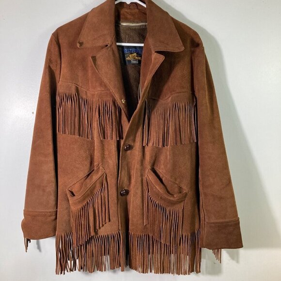 Mens Sears Western Hippie Suede Fringed Jacket Wild West Brown 36 Reg